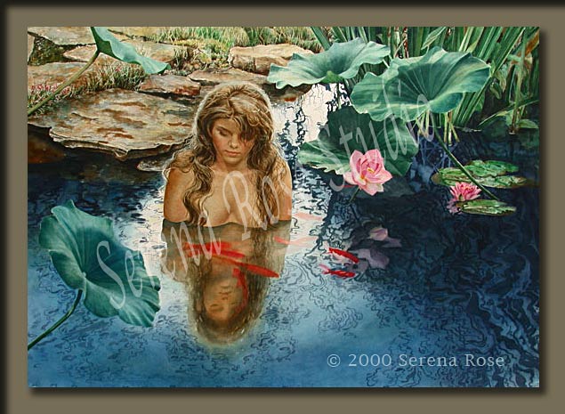 Watercolor painting by Serena Rose, title is Peaceful Moment, from the artist's series of artwork on women in nature