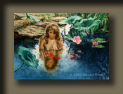 Peaceful Moment by Serena Rose is a watercolor painting depicting a young girl sitting in a pond enjoying the peace of a Garden of Eden setting.
