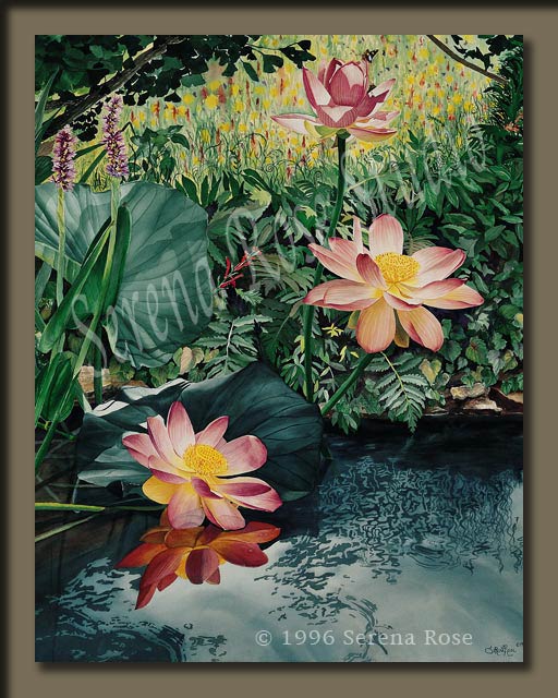 Watercolor painting titled Among the Lotus Blossoms by Serena Rose. Image of lotus blossoms, lush vegetation and blue water with reflections.