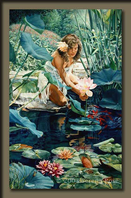 Watercolor painting by Serena Rose, painting of a woman looking at a lotus blossom by a pond.