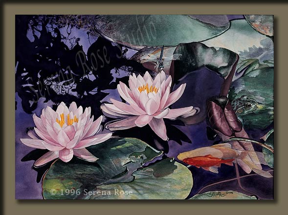 Watercolor painting with lilies, damsel fly, bullfrog and goldfish.
