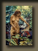 Playful Innocence by Serena Rose is a tasteful nude painting of a young woman in a pond playing with goldfish.
