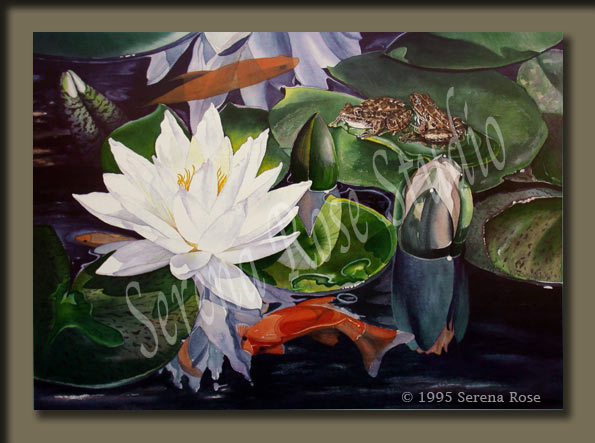 beautiful water lily print with cute frogs and goldfish