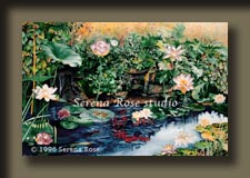 watercolor featuring goldfish, waterlilies, leopard frogs and more.