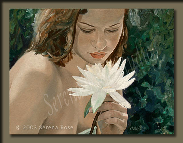 Oil painting of a beautiful young girl holding a water lily to her face to smell the fragrance, title is Sensual Delight